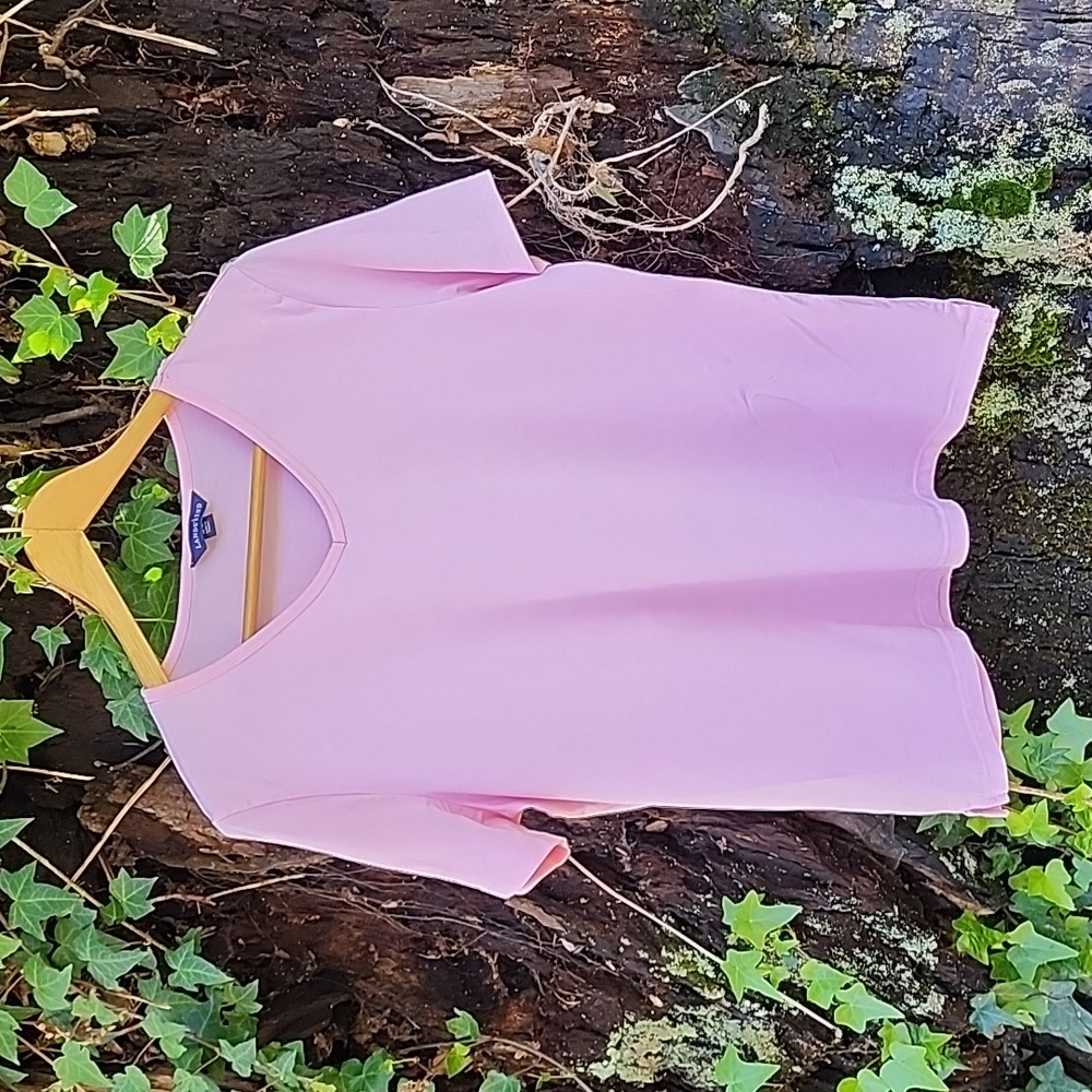 Pink Lands End Women's Large (14-16)Pink 100% Cotton V Neck Short SleevTee Shirt
